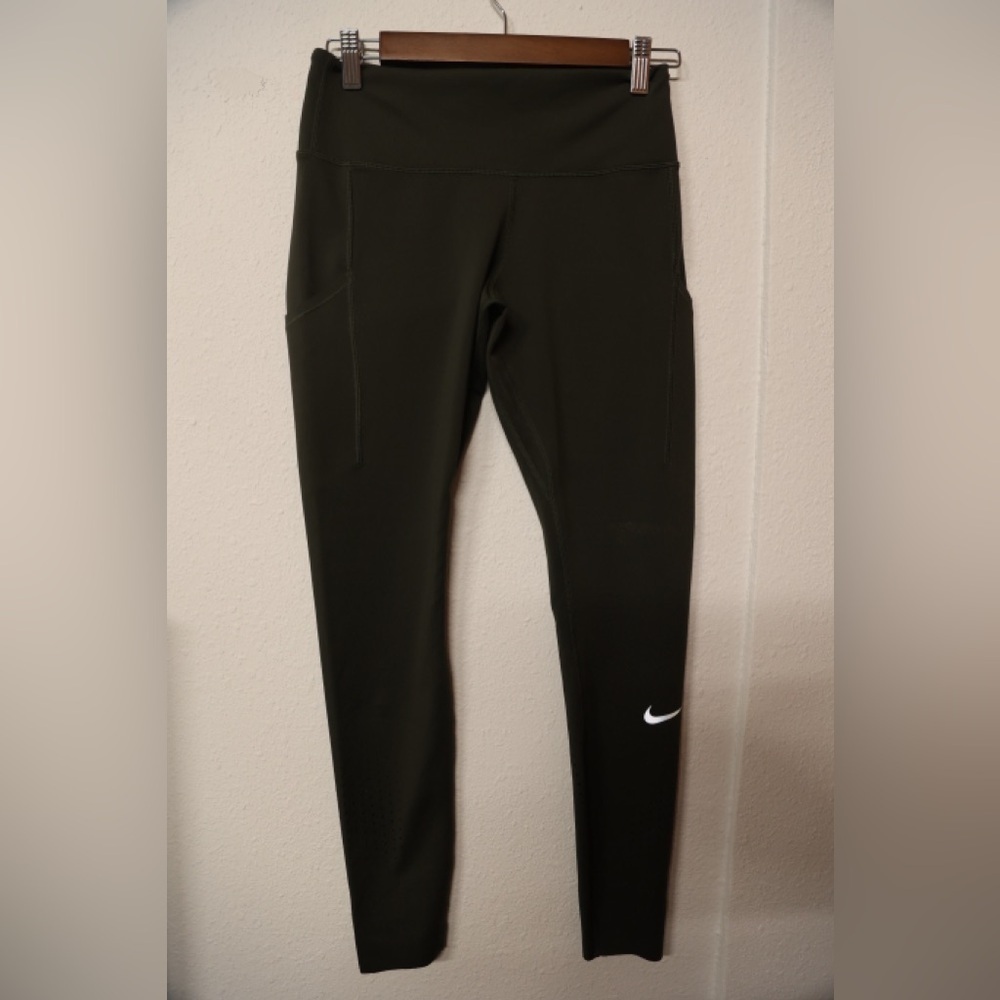 Nike Dri-Fit Running Leggings M — Olive Green, High Rise, Pockets, Laser-Cut